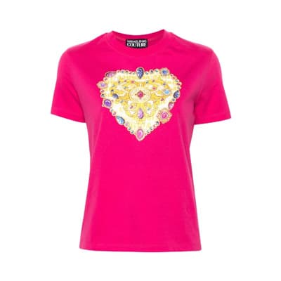 Fuchsia Katoenen T-shirt met Hart Logo Versace Jeans Couture , Pink , Dames
