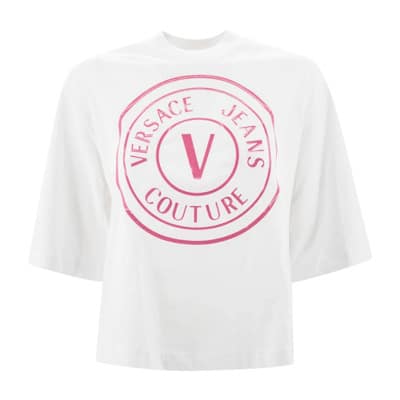 Glitter Logo Print T-shirts en Polos Versace Jeans Couture , White , Dames