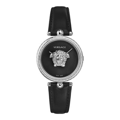 Palazzo Zwarte Leren Band Horloge Versace , Gray , Dames