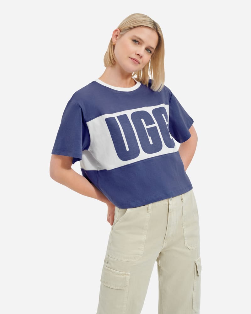 UGG® Jordene Colorblocked Logo Tee for Women in Moonstone, Size Large, Cotton