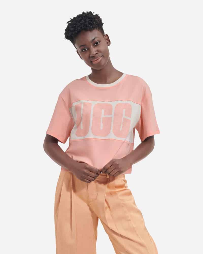 UGG® Jordene Colorblocked Logo Tee for Women in Pink Opal, Size Large, Cotton