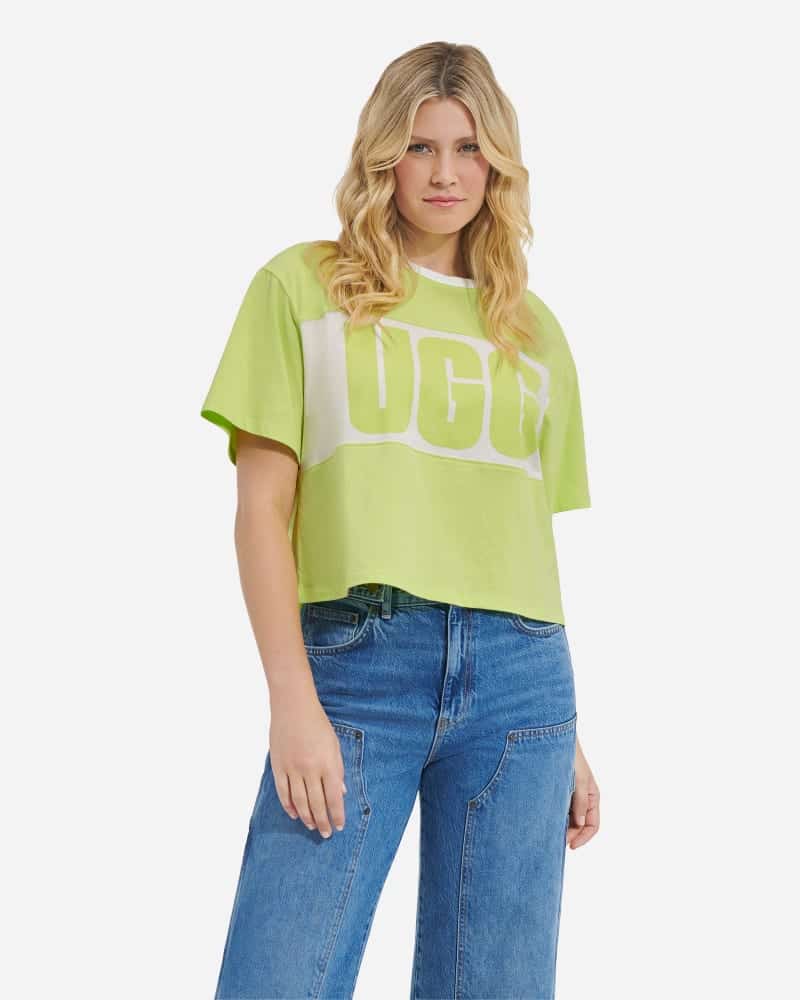 UGG® Jordene Colorblocked Logo Tee for Women in Vibrant Green, Size Small, Cotton