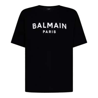 Zwarte Rib T-shirts en Polos met Contrasterende Logo Print Balmain , Black , Heren
